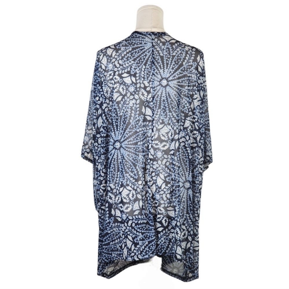 Joie de Vivre 1X Navy Blue Floral Print Kimono Cardigan Open Front Sheer - Picture 3 of 6
